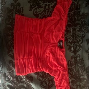 Red Just Polly crop top off the shoulder shirt